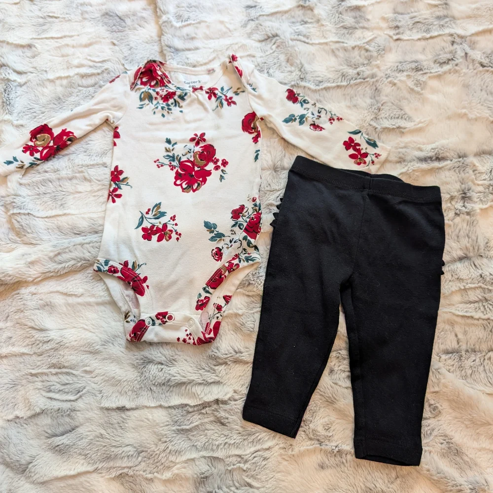 Carter's Floral Long Sleeve Bodysuit with Black Ruffle Leggings 6 Months Baby